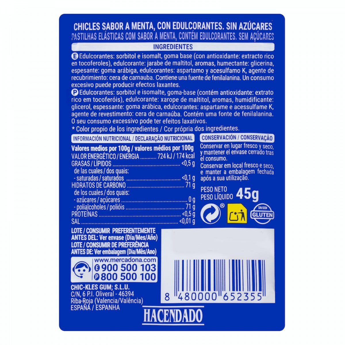 Hacendado Pastilles de chewing-gum à la menthe forte Hacendado, 45 g