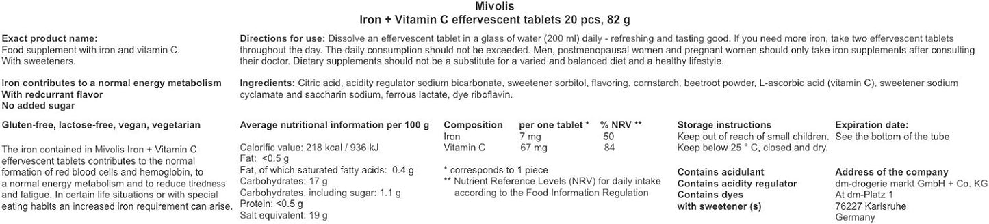 Comprimés effervescents Mivolis Fer + Vitamine C - Compléments alimentaires - 1 sachets de 20 comprimés | Allemagne